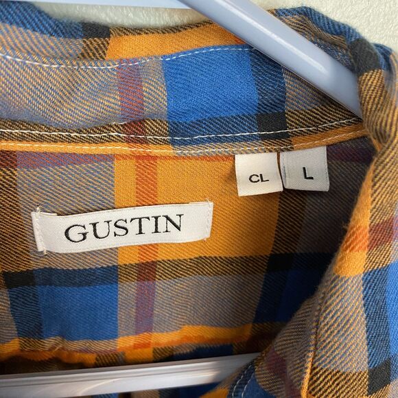 Gustin Shirt Mens L Orange Long Sleeve Button Flannel Plaid CL Missing Button - Picture 7 of 13